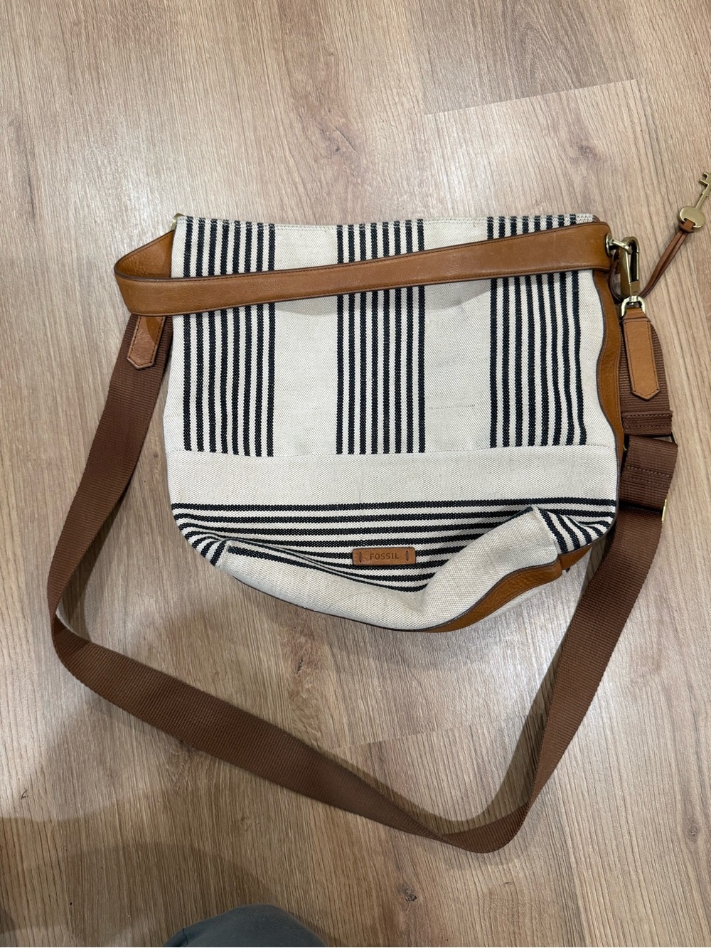 Fossil Black and Cream Striped Canvas Shoulder Bag with Tan Trim
